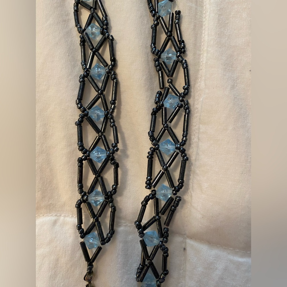 Beaded choker necklace, black with sky blue bead, adjustable length up to 16”